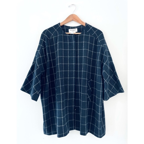 HELENE BERMAN LONDON 🍁 WOOL BLEND KIMONO COAT NAVY & WHITE LARGE CHECK - Picture 14 of 15